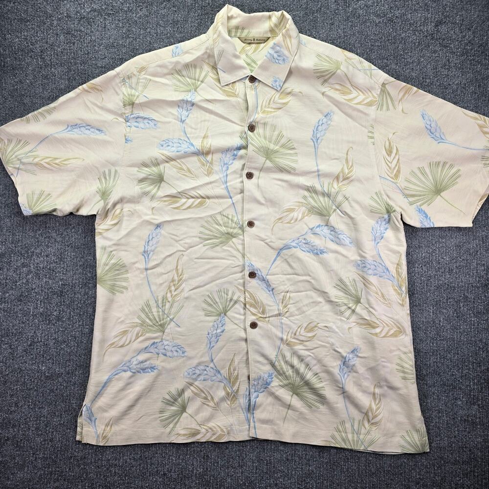 Tommy Bahama Shirt Mens XL Beige Blue Silk Blend Short Sleeve Tropical Floral